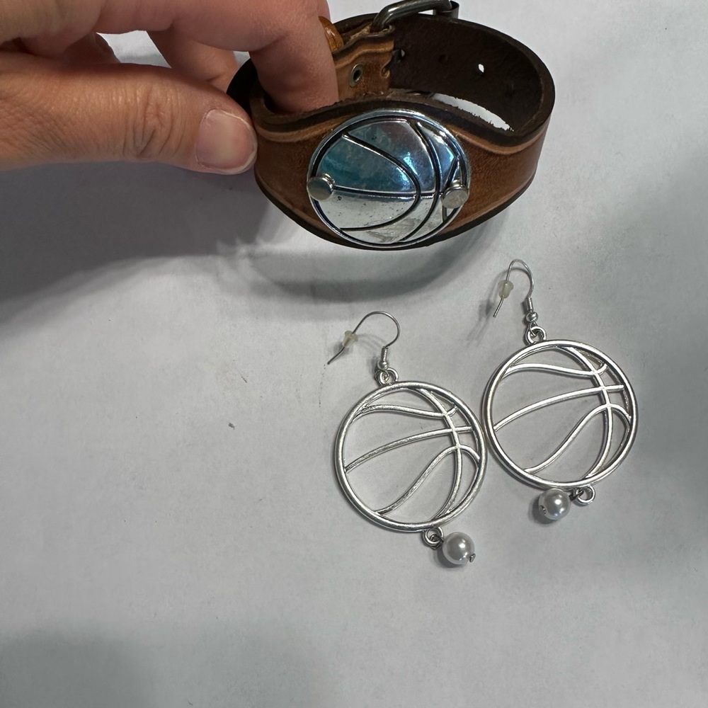 Silver Basketball Earrings and Brown Leather Bracelet Set